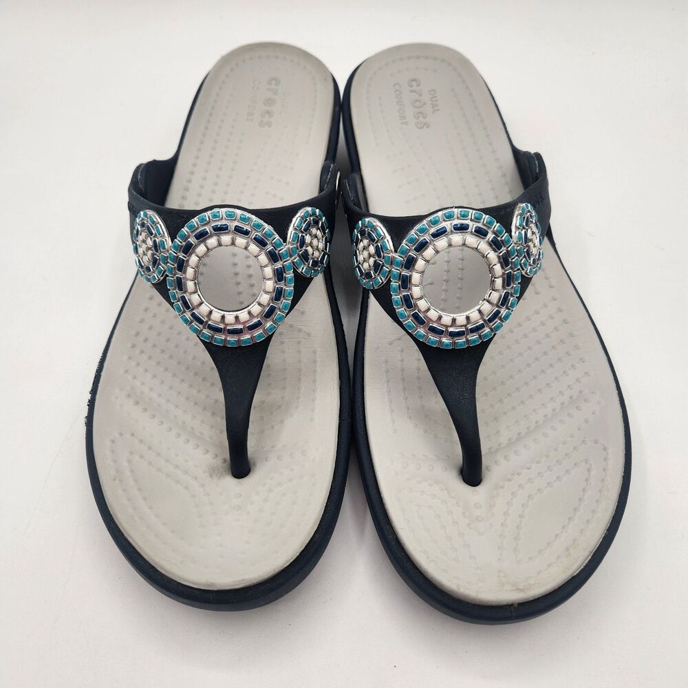 Crocs Sandals Blue Gray Sanrah Diamante Wedge Womens Size 7 Dual Comfort Mosaic - Picture 2 of 12